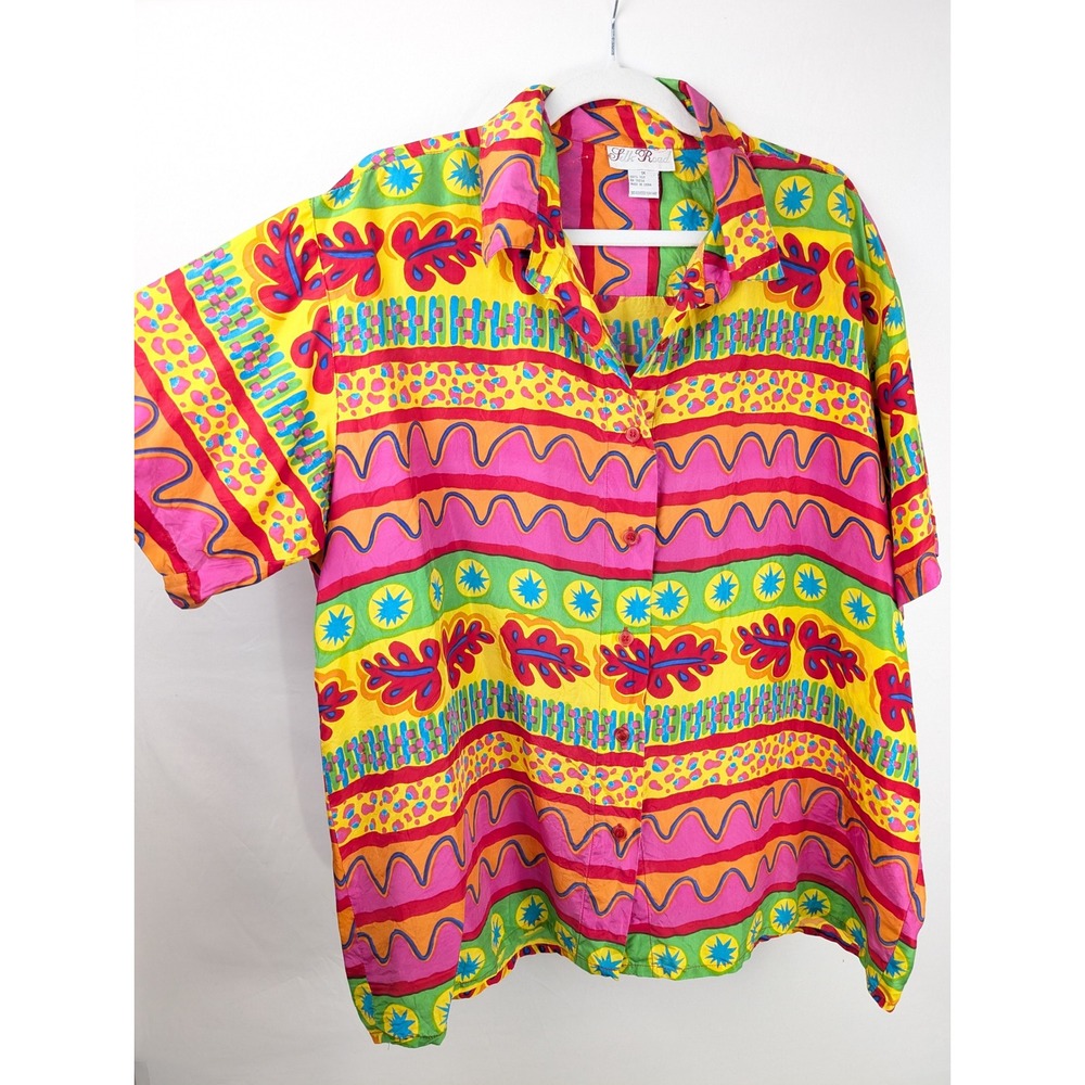 Vintage 90s 100% Silk Womens Abstract Button Shirt Sz 1X Art to Wear Funky Retro